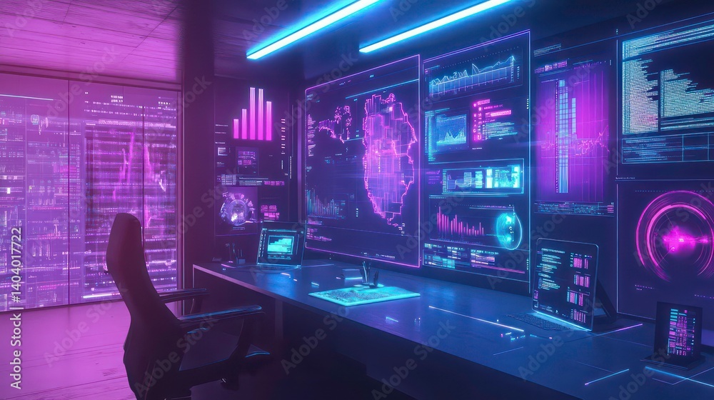 Futuristic tech control room with holographic displays showing data analytics and network maps. Futuristic tech control room with holographic displays showing data analytics and network maps.