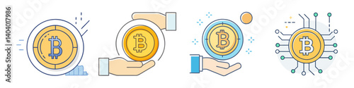 Cryptocurrency line icons set, bitcoin digital currency symbols, blockchain technology and financial mining concept, 4 vector elements