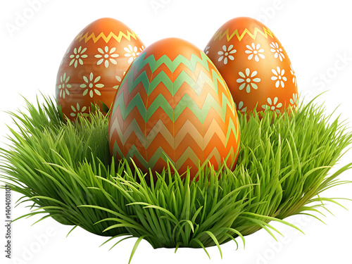 Elegant Easter Sunday Eggs with Grass on an Isolated Background, Easter Sunday Colorful Eggs