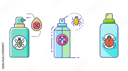 Insect repellent spray bottles set, pest control aerosol cans with bug icons, 3 flat line vector illustrations for hygiene and safety