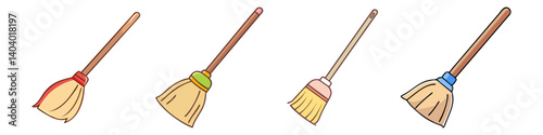 Cartoon broom collection with four unique styles, wooden handle sweeping tools, colorful cleaning equipment set, flat vector icons for housework