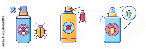 Pest control spray icons, insect repellent aerosol cans set, bug extermination and protection symbols, 3 flat vector illustrations