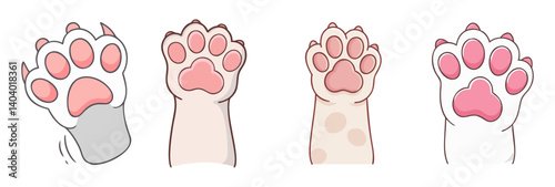 Cute cat paw vector set, 4 cartoon animal paws with pink toe beans, hand drawn kitten feet illustrations for pet shop branding