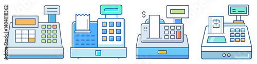 Modern cash register icons set, blue line art retail checkout machines, 4 vector illustrations of electronic point of sale systems