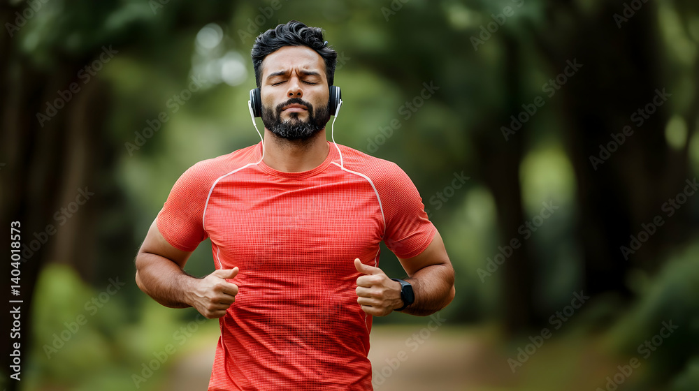 Athletic Man Runs On Forest Path With Red Shirt And Headphones During Daylight Exercise