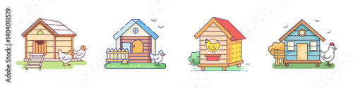 Rustic chicken coop collection, 4 wooden poultry house illustrations, farmyard hen house set with birds and hay, agricultural svg icons