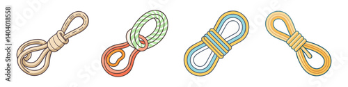 Climbing rope knots and coiled cordage set, 4 colorful nautical rope icons, outdoor adventure equipment and sailing gear svg illustrations