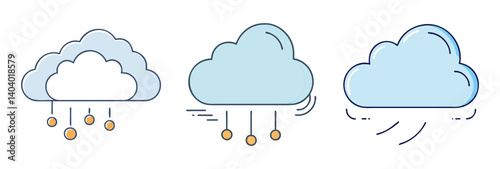 Minimalist weather icon set, blue cloud with hail and wind symbols, line art meteorology graphics for forecast apps and web design