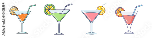 Colorful cocktail icons set in flat line style, martini glass with citrus garnish and straw, 4 vector drink illustrations for bar menus