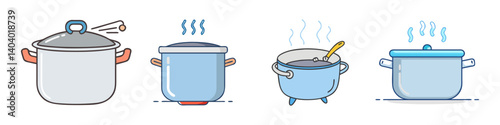Flat vector cooking pot icons, set of 4 boiling kitchen pans with steam, blue and grey culinary cookware illustrations for recipes