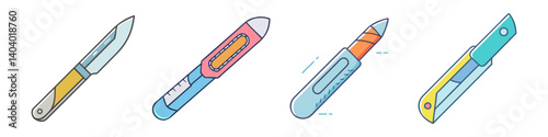 Modern utility knife icons, colorful stationery cutter set of 4 svg assets, professional office paper cutting tools, sharp blade equipment