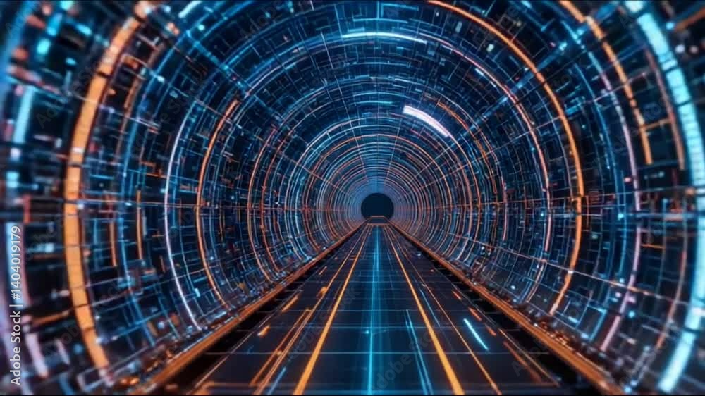 Abstract digital tunnel with glowing grid lines moving forward