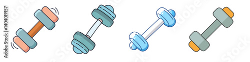 Minimalist dumbbell icon set, colorful fitness weight lifting equipment, 4 vector gym barbell elements for workout and bodybuilding apps