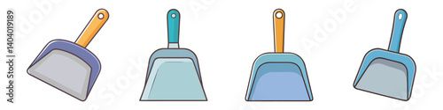 Dustpan icon set in flat cartoon style, collection of 4 plastic dustpan illustrations, cleaning equipment for household chores and janitorial services