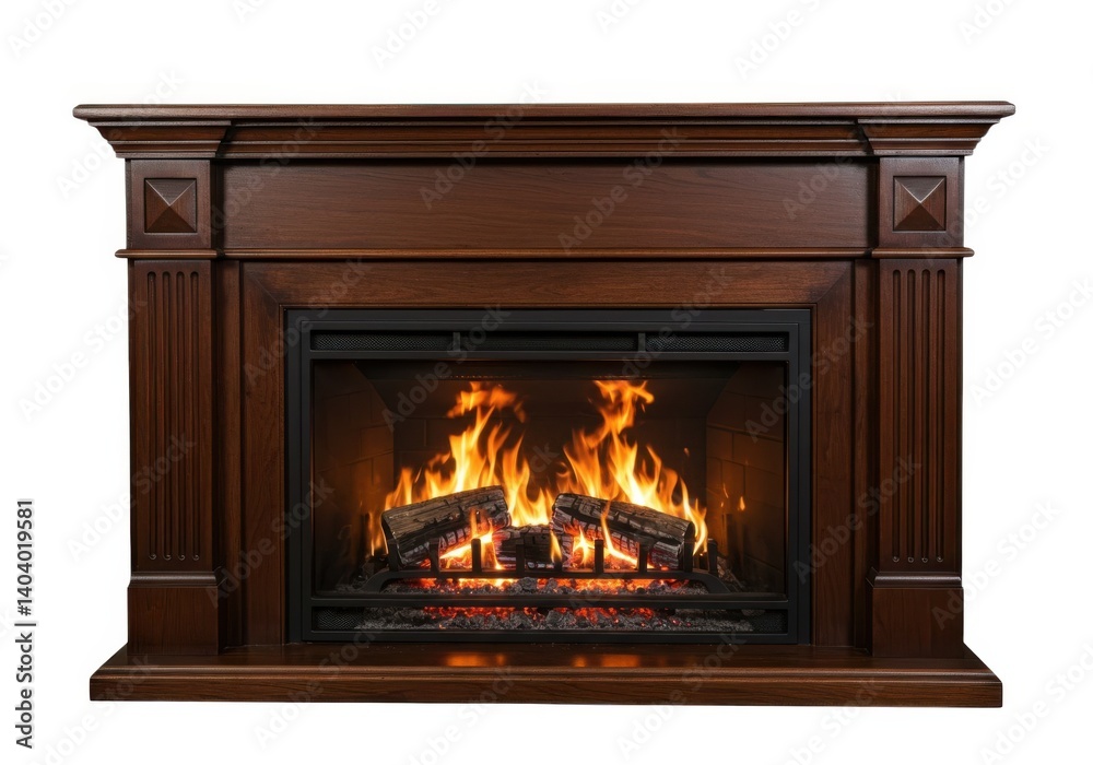 Fireplace design with burning logs and brown wooden frame isolated on white background Fireplace design with burning logs and brown wooden frame isolated on white background