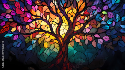 Ostara witchy cute stain glass style with happiness mood vibrant stained glass tree with colorful leaves. oracle card theme. Oracles Tapestry. Illustration