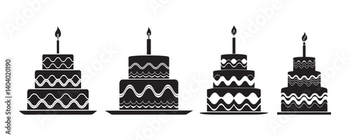 Minimalist Birthday Cake Icon with Single Candle in Black Silhouette Style Art & Illustration