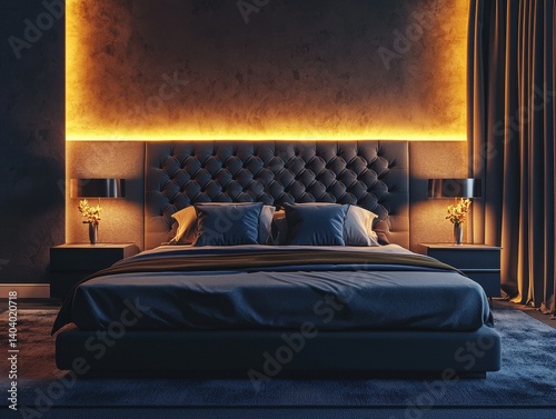 Luxurious bedroom: Tufted headboard, soft lighting, elegant decor. Perfect for a restful night. Relax in style and comfort.