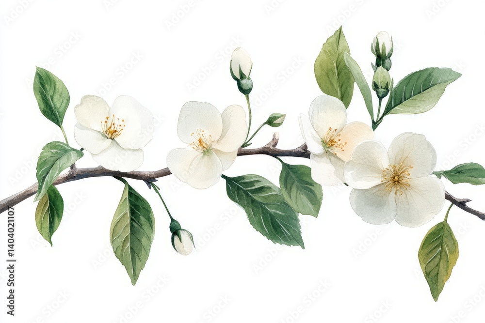 Fototapeta premium Green leaves white flowers watercolor painting