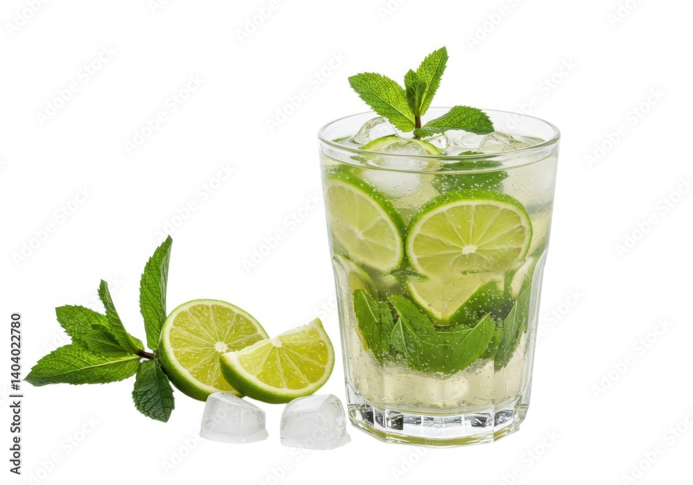 Refreshing mojito cocktail with lime and mint summer beverage isolated on white background Refreshing mojito cocktail with lime and mint summer beverage isolated on white background