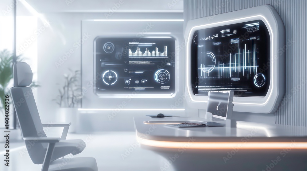 Fototapeta premium Futuristic office interior with advanced technology displays and ergonomic furniture.