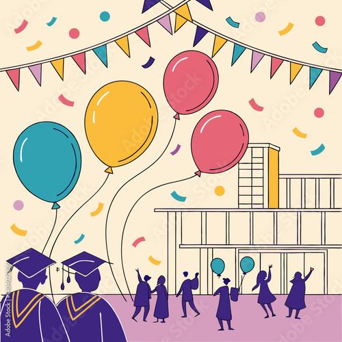 Celebrate academic success with this lively digital illustration featuring festive balloons and confetti, perfect for graduation-themed designs