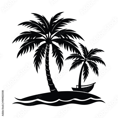 palm trees silhouette with boat