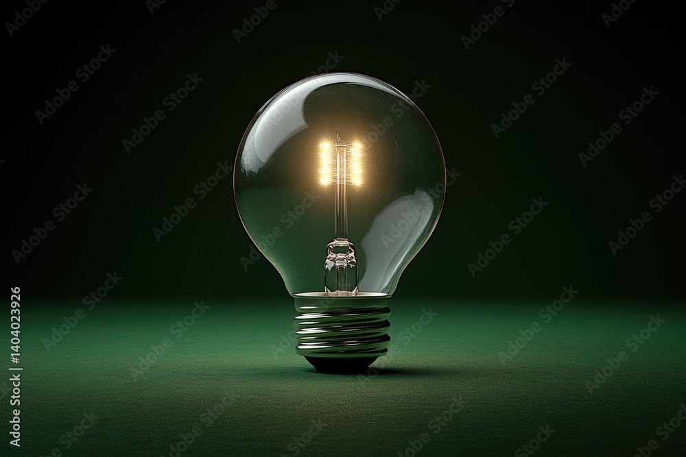 A clear lightbulb glows warmly on a green surface, casting a soft light in the dark background A clear lightbulb glows warmly on a green surface, casting a soft light in the dark background