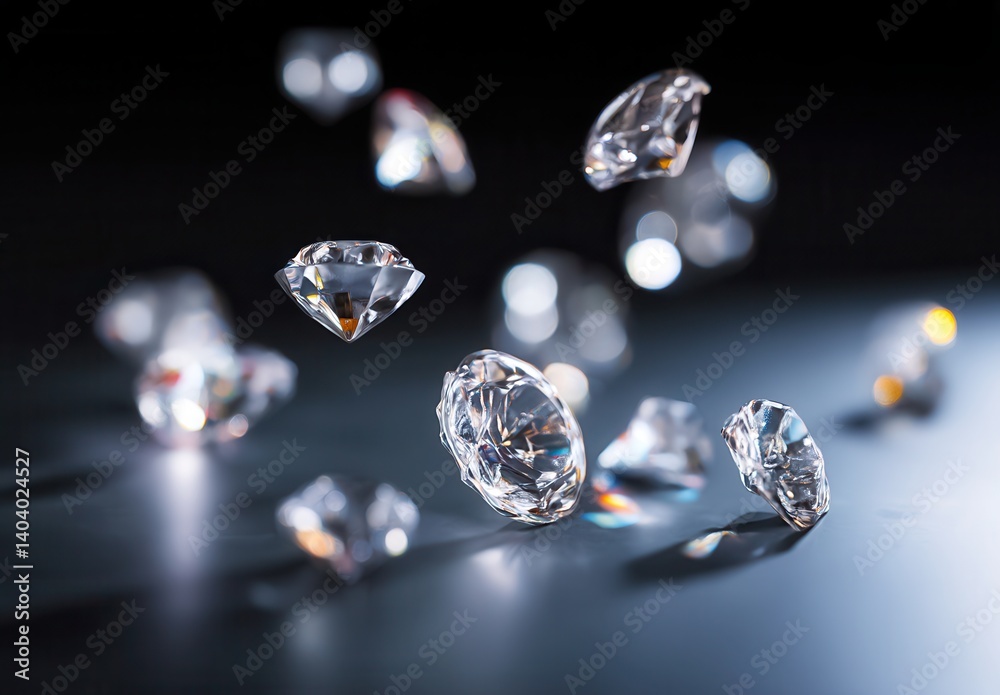 Floating diamonds sparkle against a dark background, capturing light and reflections. Floating diamonds sparkle against a dark background, capturing light and reflections.