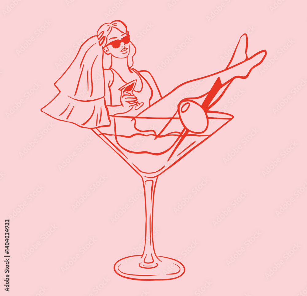 Naklejka premium Wedding bride woman in martini cocktail.