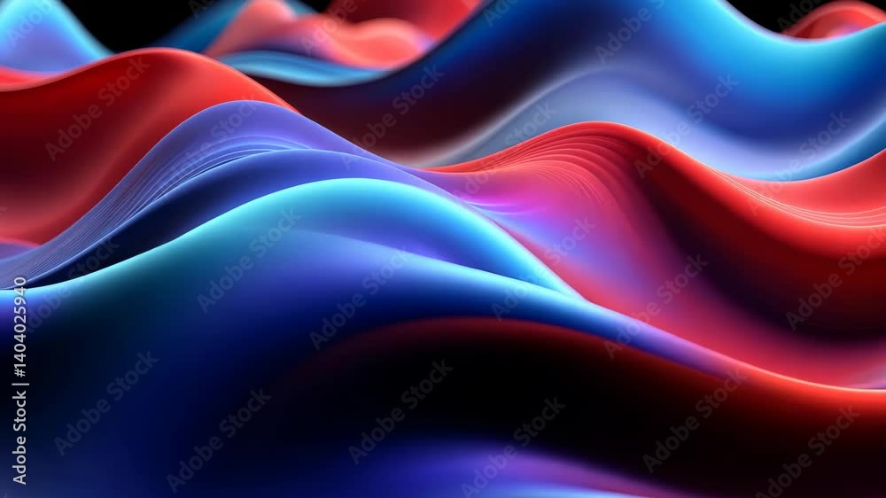 Colorful abstract glowing waves with flowing red and blue curves in smooth digital style on black background, concept of energy and movement