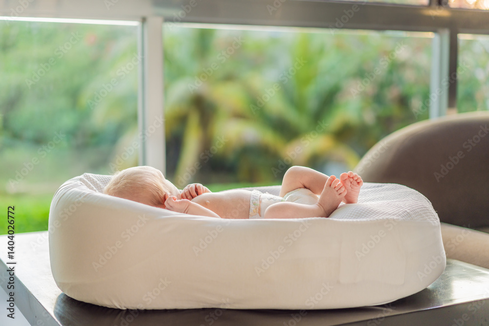 A newborn baby lies peacefully in their cozy sleep cocoon, gazing out of the window. A serene moment of curiosity and calm, symbolizing the early stages of life, peaceful reflection, and a connection