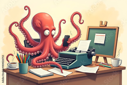 busy octopus illustration multitasking with all hands at work