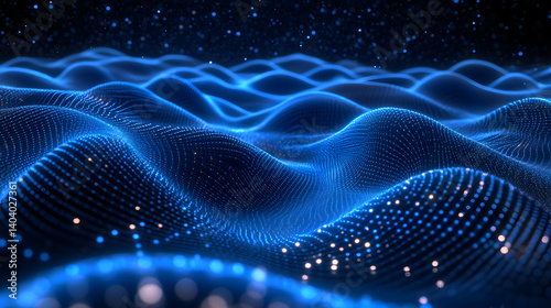 A mesmerizing abstract blue wave pattern with glowing dots creating a digital ocean effect.