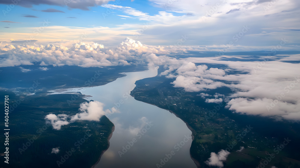 Naklejka premium Aerial view of a serene river winding through lush greenery and fluffy clouds under a vibrant sky.