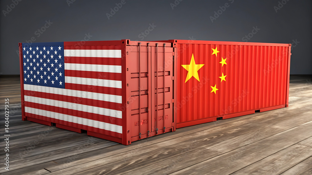 US and China shipping containers side by side showcasing international trade and global commerce between two major economies. US and China shipping containers side by side showcasing international trade and global commerce between two major economies.