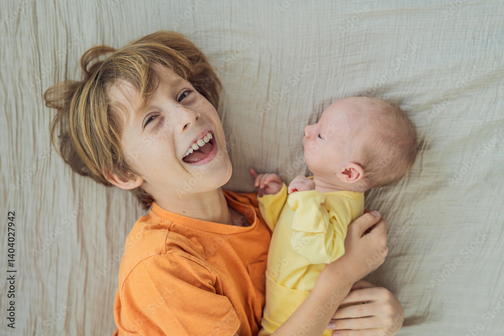 A young boy and his newborn brother lie together on a soft muslin blanket, sharing a tender sibling moment. A heartwarming scene of brotherly love, bonding, and the beginning of a lifelong connection