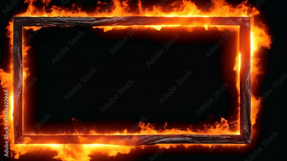Burning rectangular flame frame with charred metal accents on black background, concept of fire border or hot warning template