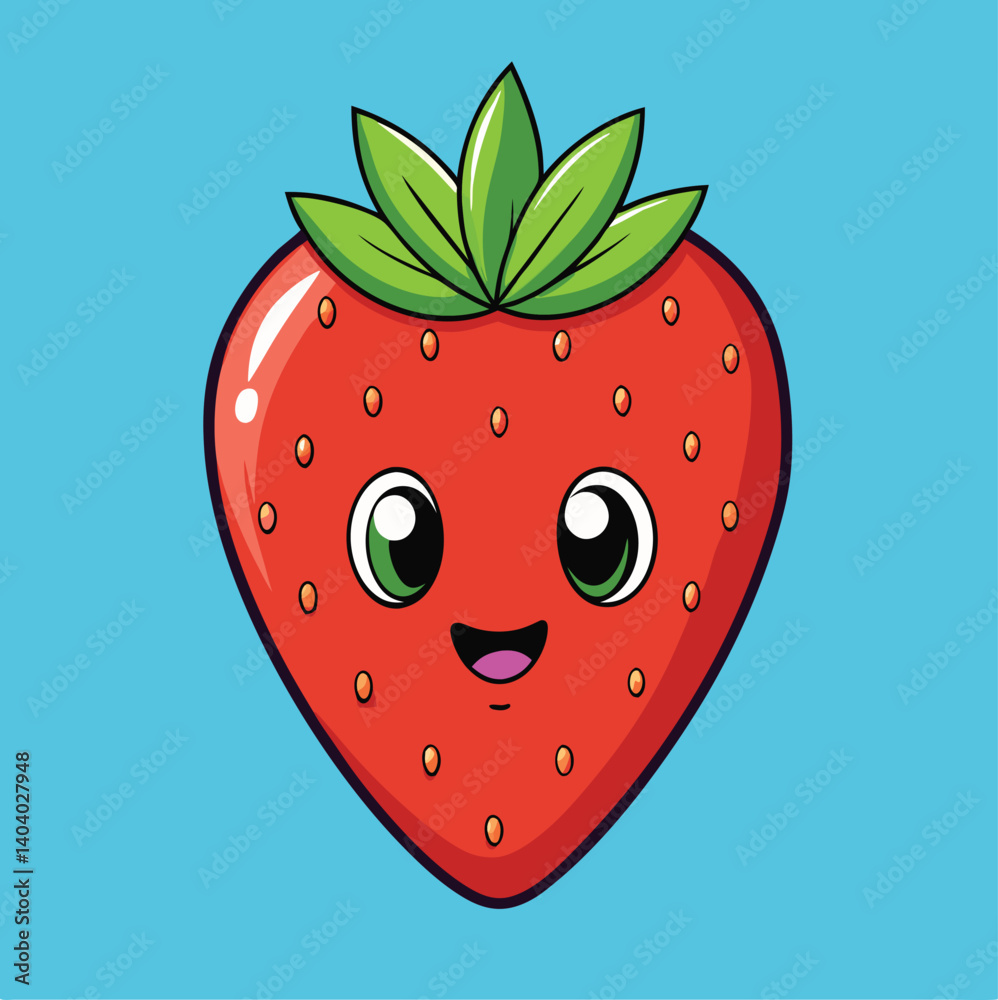 Obraz premium Cute Smiling Strawberry Cartoon Character Illustration Isolated On Light Blue Background