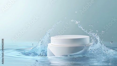 White cosmetic product, water splash, abstract display, digital rendering