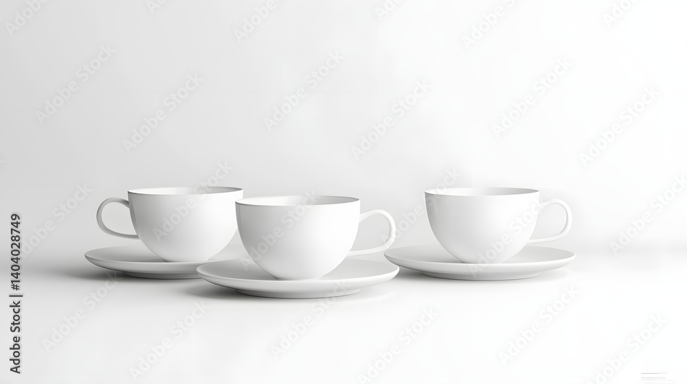 Three minimalist white cups and saucers arranged symmetrically on a clean surface. Three minimalist white cups and saucers arranged symmetrically on a clean surface.