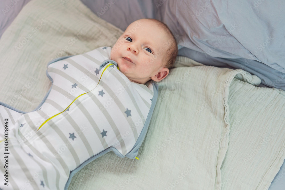 A newborn baby rests snugly in a cozy sleep cocoon, feeling secure and comforted before drifting off to sleep. A peaceful moment of relaxation, warmth, and gentle care, symbolizing restful sleep and