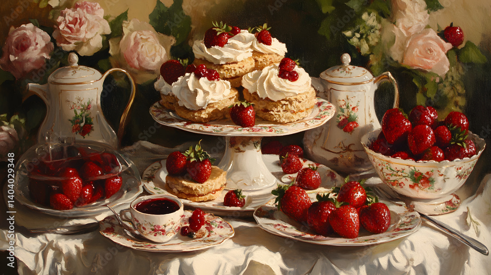 A delightful arrangement of strawberries and cream pastries on ornate china, surrounded by vibrant roses. A delightful arrangement of strawberries and cream pastries on ornate china, surrounded by vibrant roses.