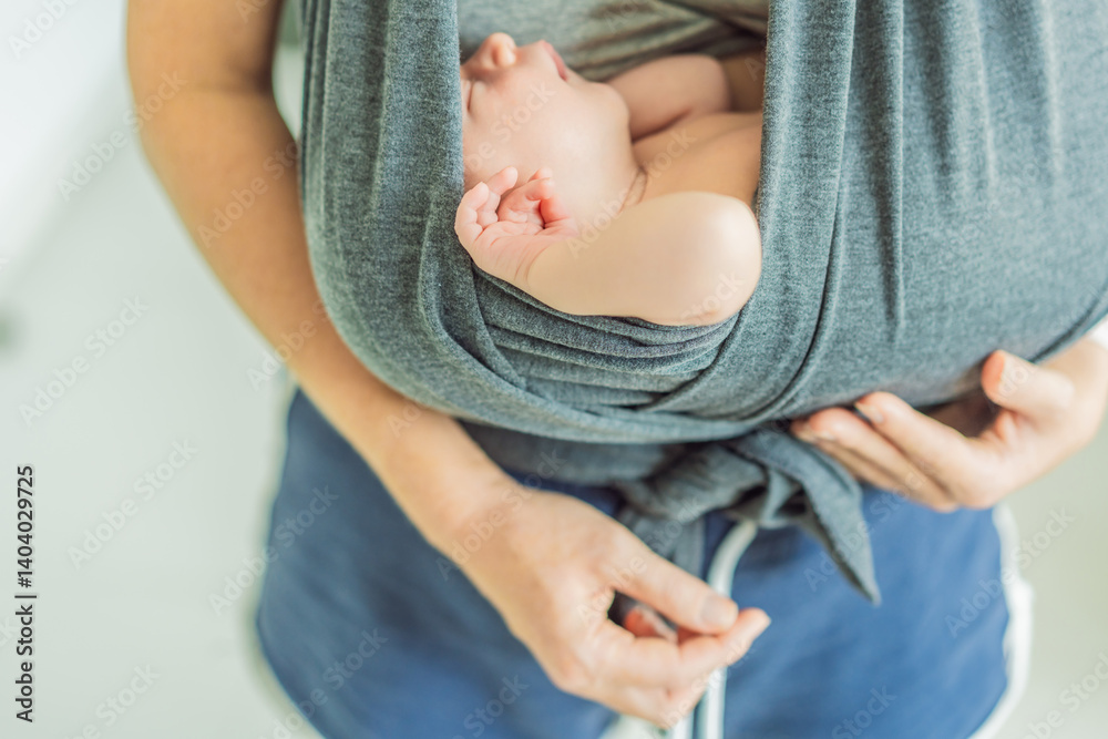 A loving mother breastfeeds her newborn baby while carrying them in a sling. A tender moment of nurturing, closeness, and maternal care, symbolizing the beauty of motherhood and the deep bond between