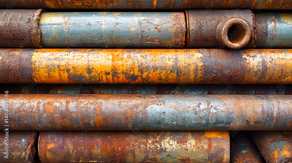 Close-up of rusty metal pipes stacked together, showcasing vibrant orange and blue hues. Close-up of rusty metal pipes stacked together, showcasing vibrant orange and blue hues.