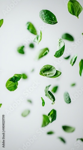 Wallpaper Mural Fresh Green Leaves Falling in Air Against Light Background Torontodigital.ca