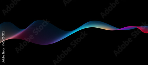 Abstract colorful colorful glowing linear wave on black background. Futuristic concept of dynamic movement. Flowing undulating lines. Technological gradient background. Suitable for website, cover, ba