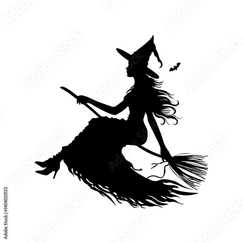 Silhouette of a witch riding a broomstick with flowing hair and dress, black graphic style on white background, concept of Halloween magic