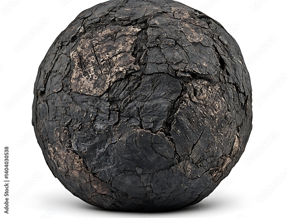 Fototapeta premium Textured black spherical stone with cracked surface and detailed patterns