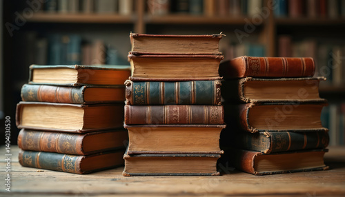 Pile of vintage antiquarian books wooden surface under warm directional light. Aged leather covers, old paper pages show history, knowledge. Books stack in library, bookshelf. Perfect for educational